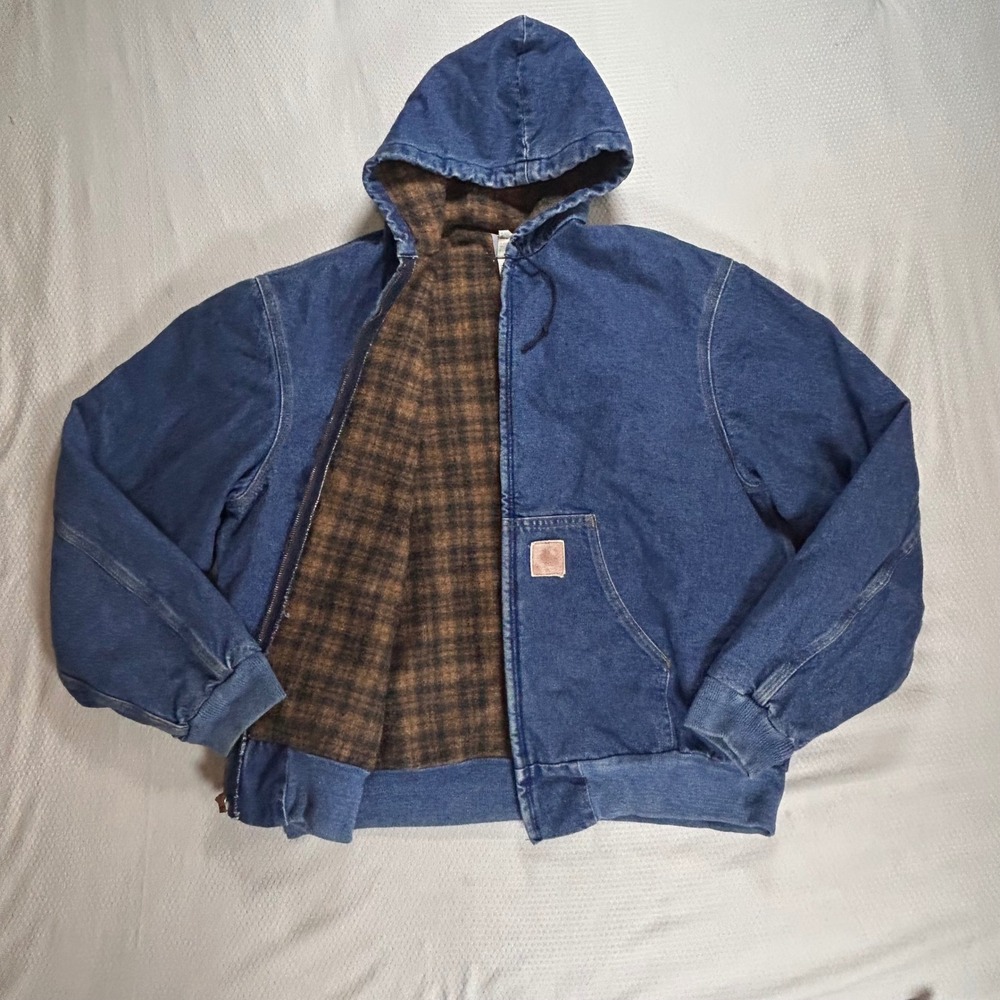 VTG 2002 Carhartt J08 DST Denim Active Jacket Blanket Lined Blue XL Regular